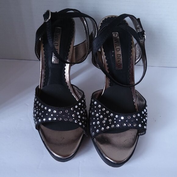 WILD DIVA BLACK RHINESTONE PLATFORM SANDALS - Picture 1 of 4